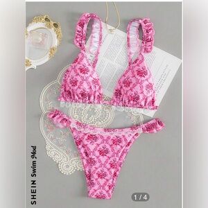 Hot pink floral lace bikini